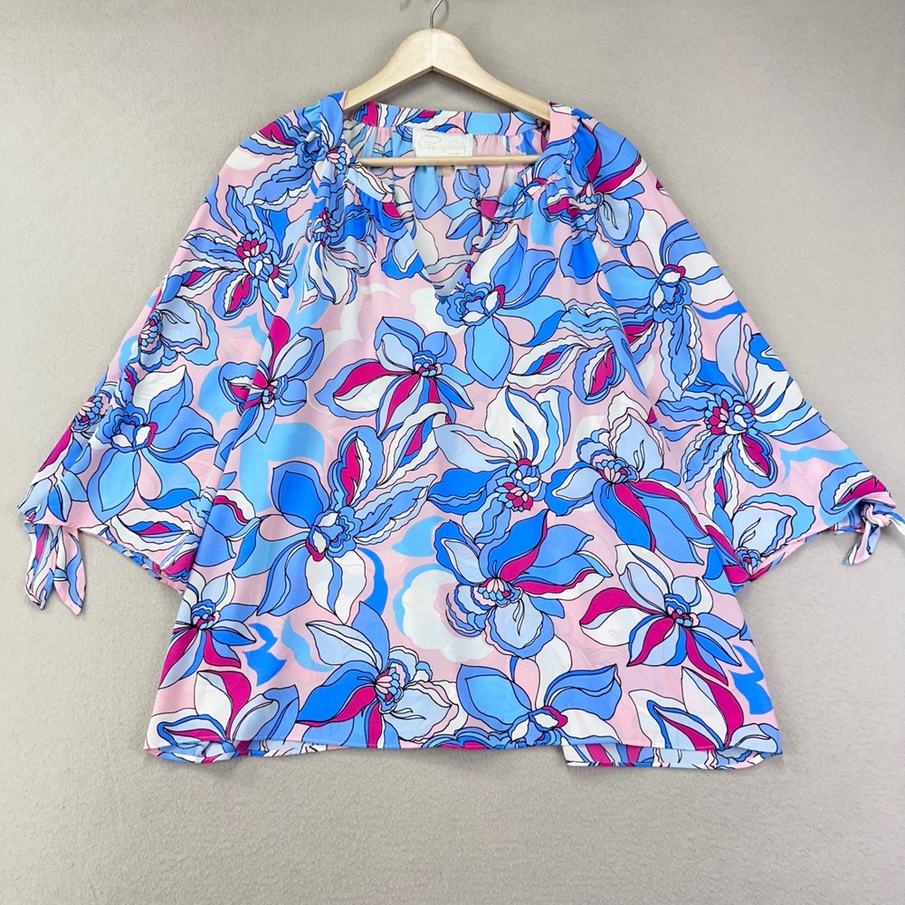 Cappagallo Floral Blouse Womens XLP Blue Pink V-Neck Career Flowy
